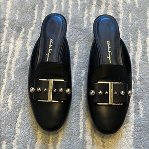 Salvatore Ferragamo Black Leather Mules